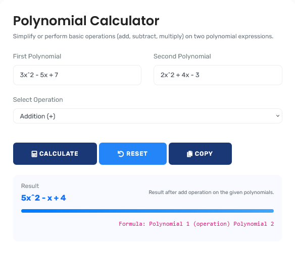 Professional polynomial calculator showing detailed algebraic analysis with step-by-step solutions