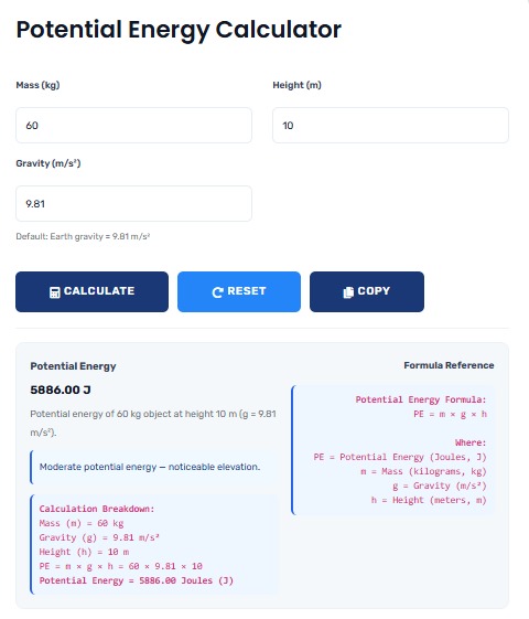 Potential Energy Calculator Science Tool Interface