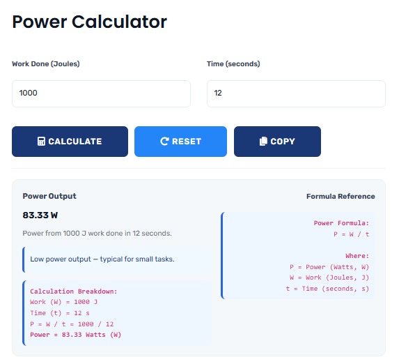 Power Calculator showing energy transfer rate calculations