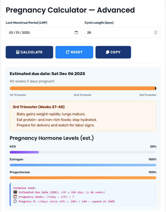 Pregnancy Due Date Calculator showing estimated delivery date and pregnancy timeline