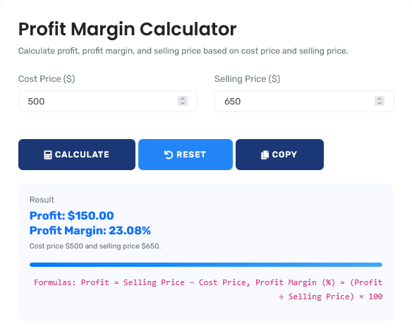 Professional profit margin calculator interface showing detailed financial analysis