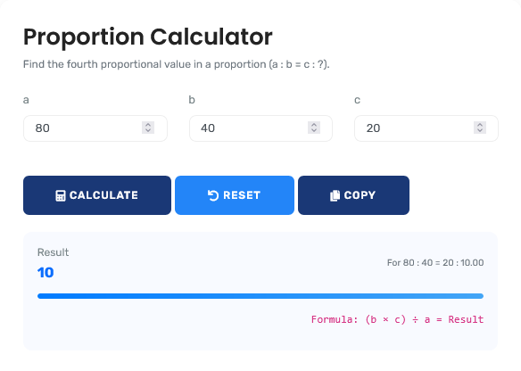 Proportion Calculator interface showing ratio solving and cross-multiplication calculations