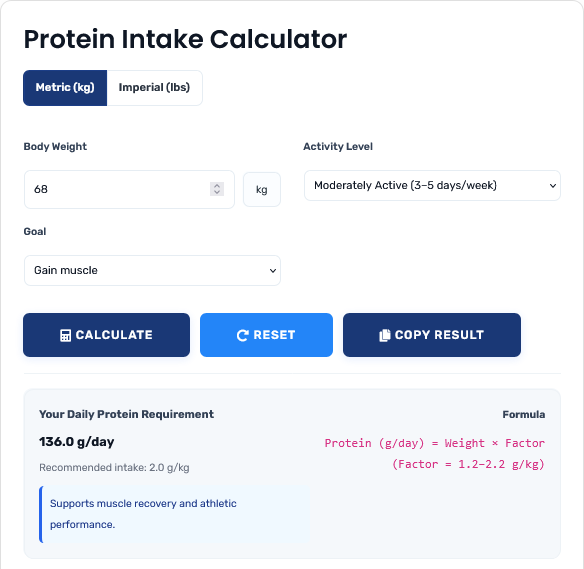 Professional protein intake calculator showing detailed nutritional analysis