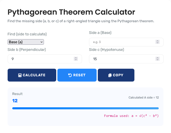 Pythagorean Theorem Calculator showing triangle side calculations with visual diagram