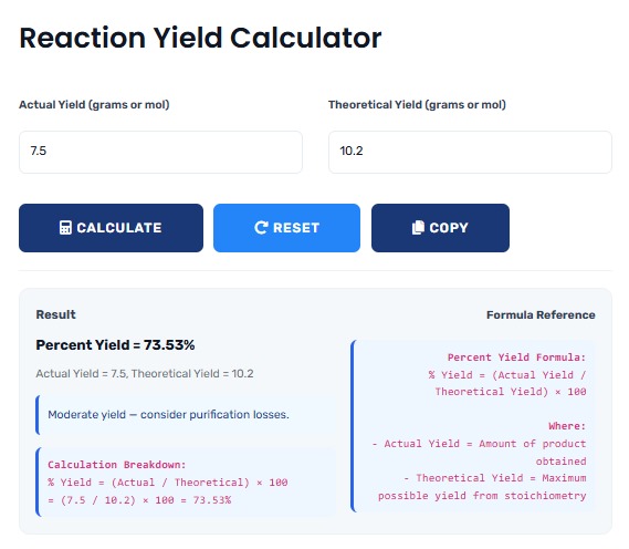 Reaction Yield Calculator showing chemical efficiency calculations