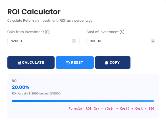 ROI Calculator showing investment return calculations with detailed breakdown