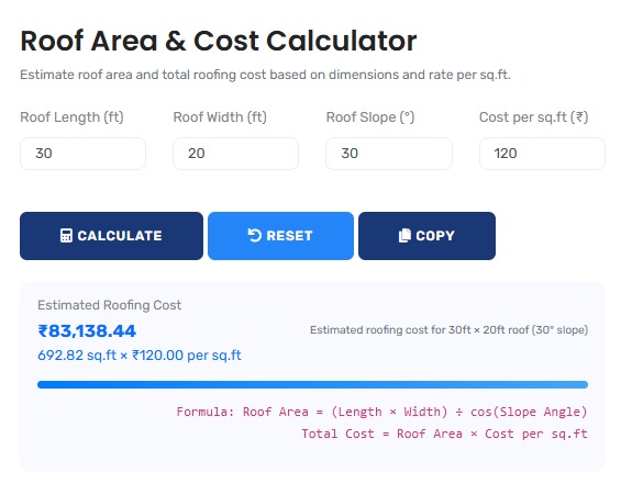 Professional roof area calculator interface showing detailed construction calculations