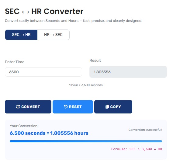 Precision seconds to hours converter interface showing exact time conversion calculations