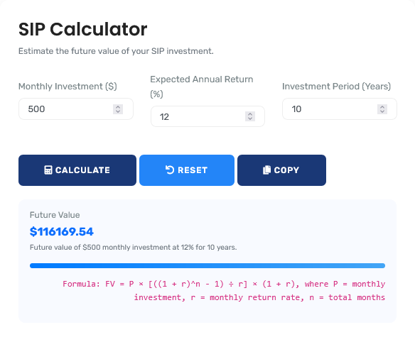 SIP Calculator showing investment growth projections
