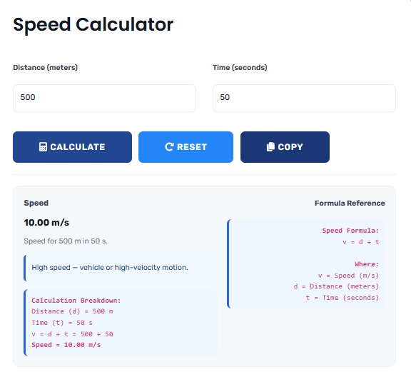Speed Calculator showing speed, distance, and time calculations