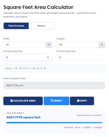 Square Feet Calculator showing room measurements and area calculations