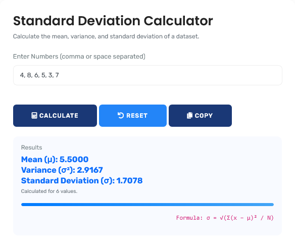 Standard Deviation Calculator showing data variability analysis with visual distribution