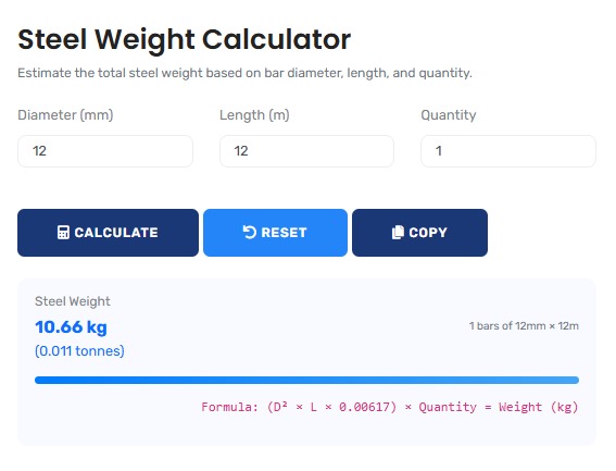Professional steel weight calculator interface showing detailed engineering calculations