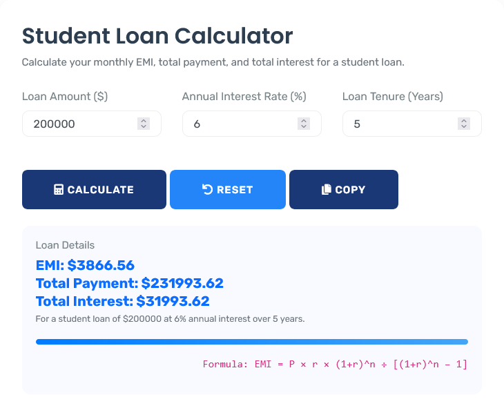 Professional student loan calculator interface showing detailed payment breakdown and forgiveness projections