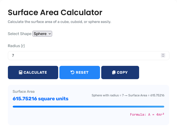 Surface Area Calculator showing 3D shape calculations with detailed results