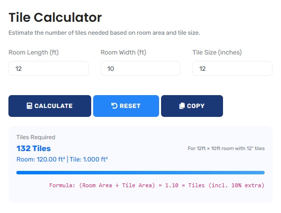 Professional tile calculator interface showing detailed material estimation
