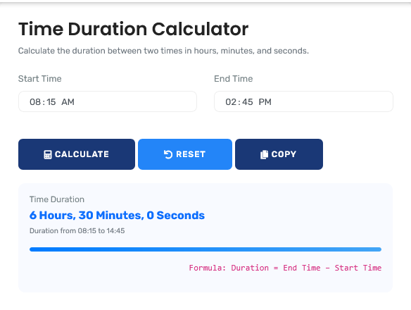 Time Duration Calculator interface showing time interval calculations with start and end times
