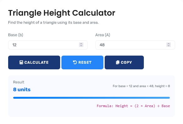 Triangle Height Calculator interface showing different triangle types and height calculations