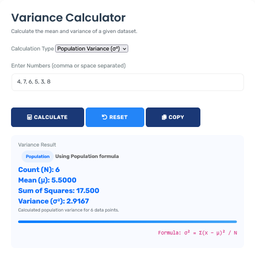 Professional variance calculator interface showing detailed statistical analysis