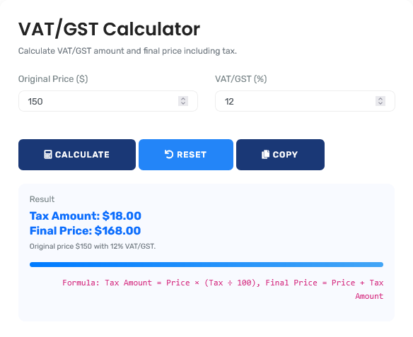 Professional VAT GST calculator interface showing detailed tax analysis with multi-jurisdictional support