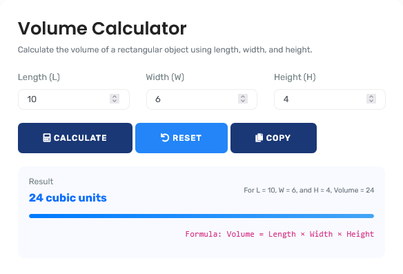 Volume Calculator interface showing various 3D shape calculations and results
