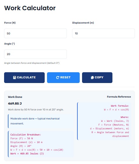 Work Calculator showing physics calculations for force, distance, and work