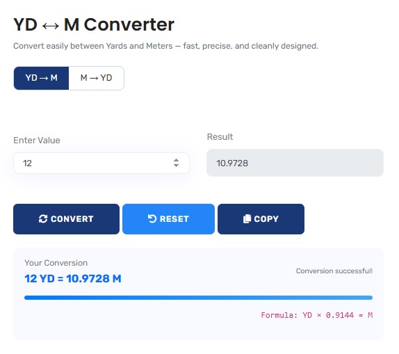 Professional yards to meters converter interface showing detailed measurement analysis
