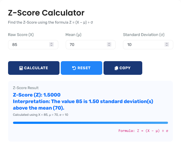 Professional Z-score calculator interface showing detailed statistical analysis